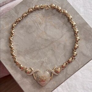 Goldtone Heart Necklace with Crystals